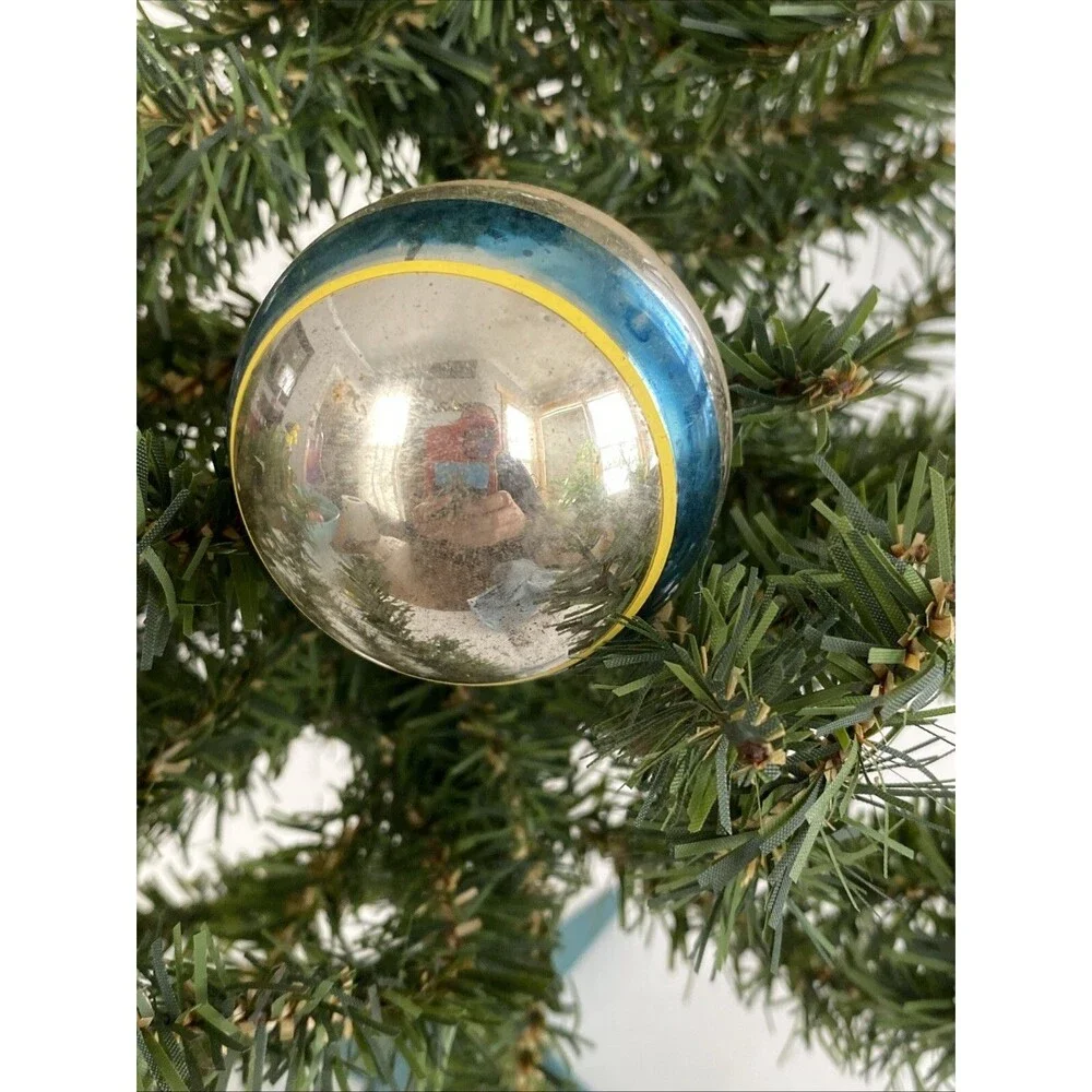 Vintage Christmas Glass Ball Ornament Striped Shiny Brite & Made USA Lot of 2